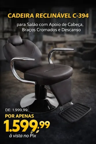 Cadeira Reclinável Profissional C-394 para Salão com Apoio de Cabeça e Braços