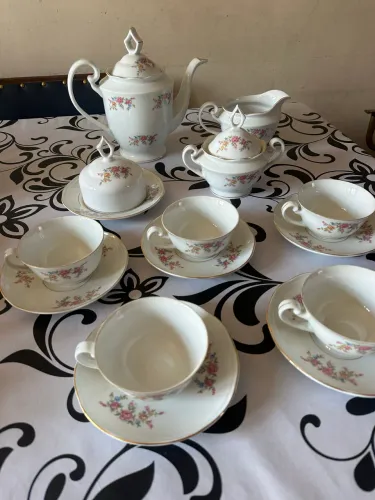 Jogo de Chá e Café Antigo Porcelana Steatita Paraná - Estampa Floral
