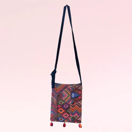 Bolsa de ombro colorida regulável com pompons