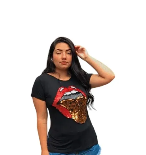 Camiseta t-shirt língua Rolling stones bordada em pedrarias