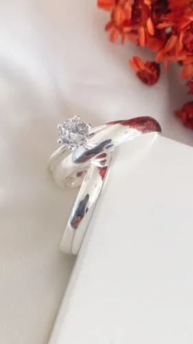 Conjunto tradicional 3mm e anel solitário - Prata 950