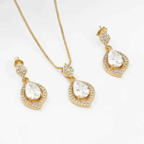 Conjunto Folha e Gota Cravejado Zircônias Folheado Ouro 18k