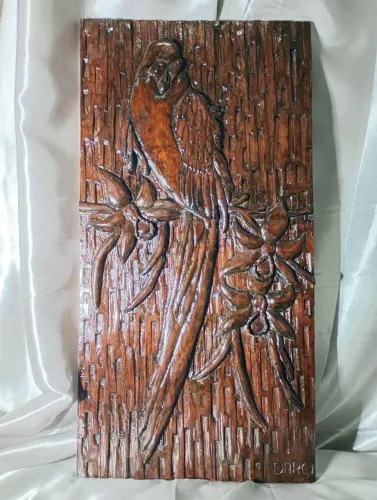 ESCULTURAL ARTE QUADRO PAREDE ARARA FLORAL PLACA MADEIRA DECORAÇÃO.