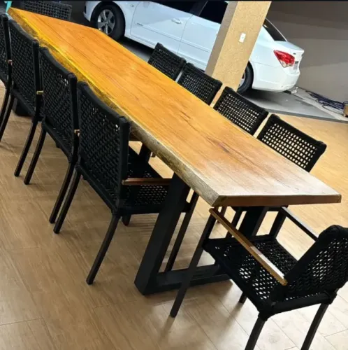 MESA COM TAMPO DE MADEIRA + 10 CADEIRAS CLASSICK DE CORDA NÁUTICA