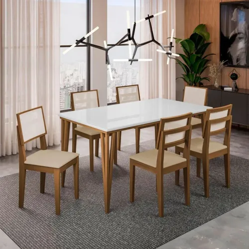 Mesa de Jantar 6C Dobue Safira 160x90 C/ Vidro Imbuia / Branco / Off / Areia Linho
