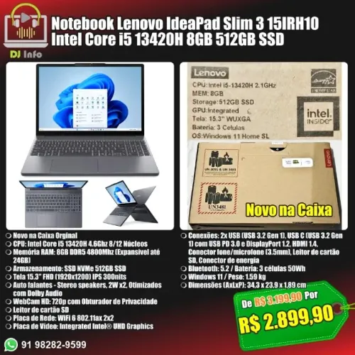 Notebook Lenovo IdeaPad Slim 3 15IRH10 Intel Core i5 13420H 8GB 512GB SSD