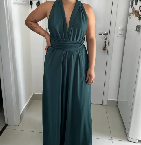 Vestido de madrinha verde frente única e transpassado