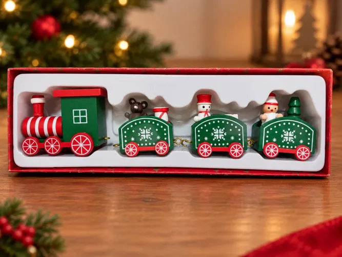 Trem de Natal Decorativo em Madeira 4 Peças - Enfeite Natalino