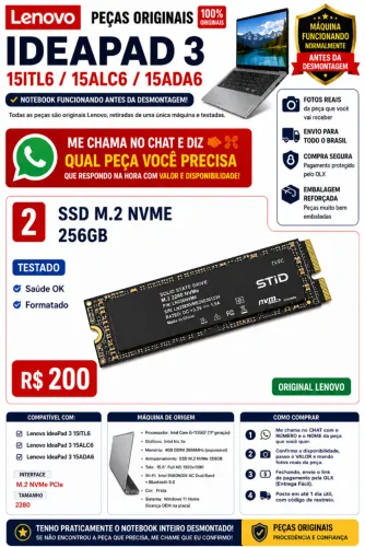 SSD M.2 NVMe 256GB Notebook Lenovo Testado Saúde Verificada Formatado Envio Print CrystalD