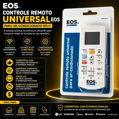 Controle Remoto Universal Eos P/ Ar Condicionado Split incluindo Carrier, Electrolux, Fuji