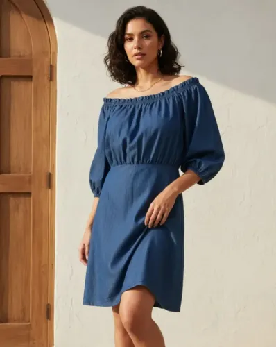 Vestido Jeans Manga Ciganinha. C/ Amarração Nas Costas. T: G (Usado)