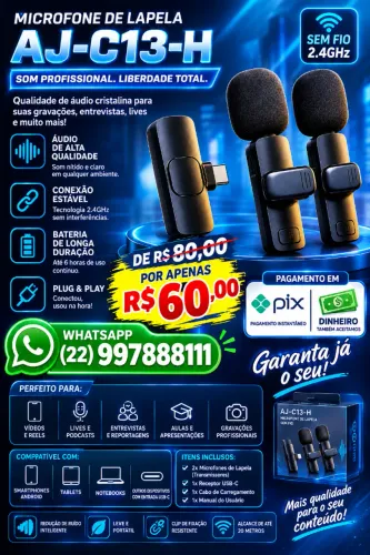 Microfone duplo sem fio com conexão tipo c NÃO RESERVO ( Contato apenas Whatsapp ) produto