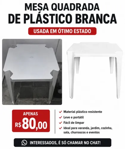Mesa Quadrada de Plástico Branca | Resistente | Usada em Ótimo Estado<br>