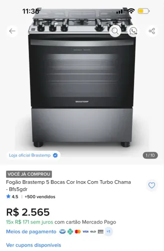 Fogão Brastemp 5 bocas Inox Turbo Chama 