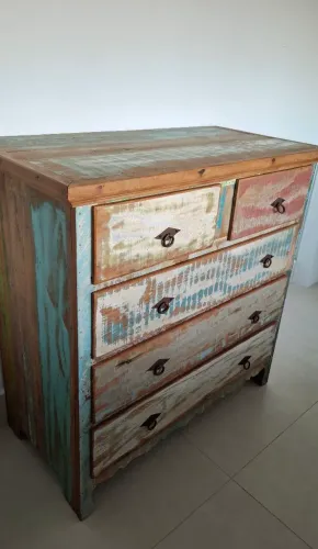 Cômoda Rústica em Madeira de Demolição - Peroba Rosa - Pátina Colorida