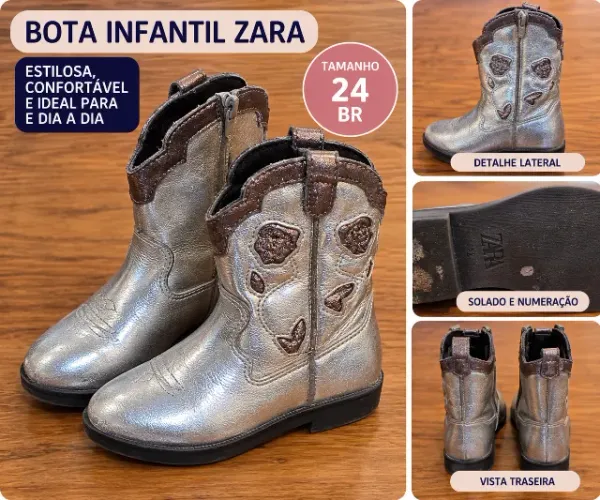 Bota Infantil Zara Metalizada Prata - Nº 24 - Estilo Country
