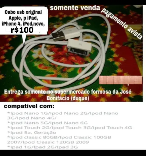 Cabo usb iPhone 4 iPad iPod original Apple novo r$100(valor final)
