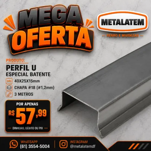 Perfil U Especial Batente 40X25X15mm #18 (#1,2mm) 3 Metros