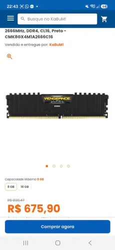 Cada unidade Memória de 8GB VENGEANCE LPX
