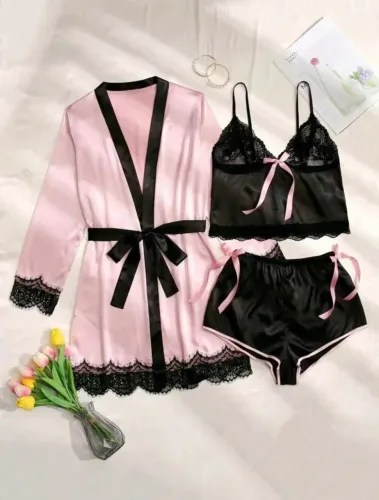 3 peças conjunto de pijama com painel de renda