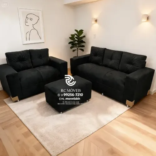 Sofá 2 e 3 Lugares com Puff Suede Caramelo D33 Confortável Premium