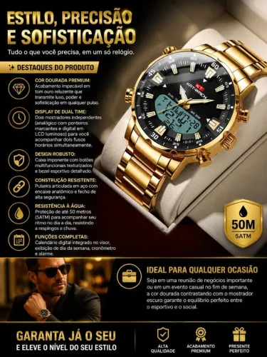 Relógio duplo mostrador masculino kat-watch todo feito em aço inoxidável