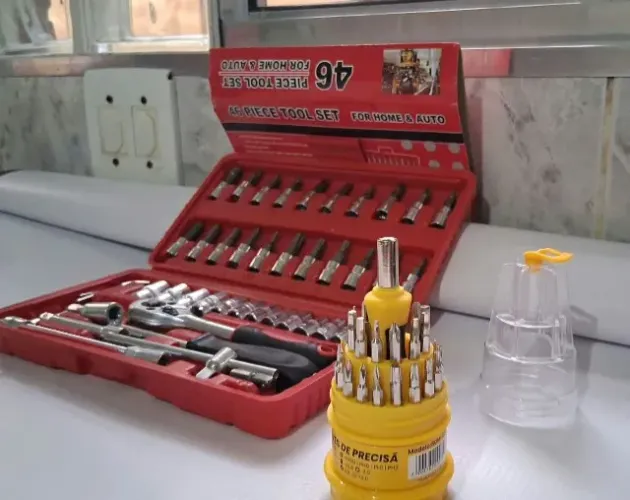 Kit Jogo Chaves catraca 46 Peças + Jogo Chaves ponteiras Philips, Fenda e outras 31 Peças