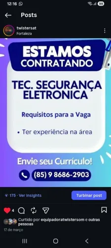 Vaga para técnico segurança eletrônica
