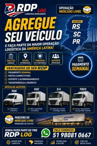 Agregamento de Motoristas: Van, VUC, Médio e Toco | SC, PR e RS - Veículo Fixo