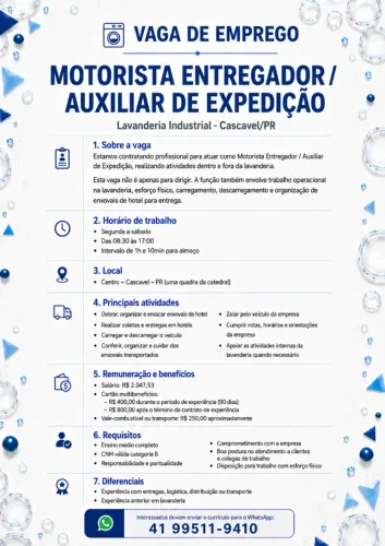 VAGA DE EMPREGO: MOTORISTA ENTREGADOR