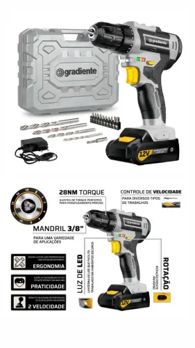 Parafusadeira Furadeira Gradiente 12V com Maleta de Ferramentas - Garantia - Profissional