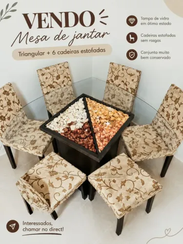 Mesa de jantar com vidro triangular e 6 cadeiras. Ótimo estado de conservação