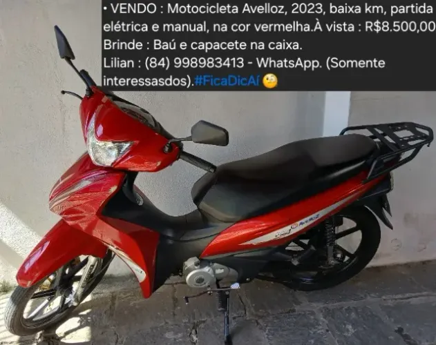 Vendo Motocicleta Avelloz/2023, à vista : R$8.500,00.