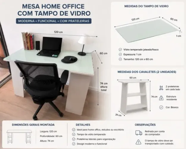 Mesa Home Office 120x60 com Tampo de Vidro Temperado e Prateleiras