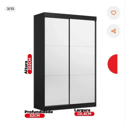 Guarda-Roupa Solteiro 2 Portas de Correr 2 Gavetas e 6 Espelhos Peônia Yescasa