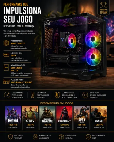 PC Gamer | Intel i7 11º + RX 590 8 GB + 16Gb RAM + SSD 128GB c/ HD 1Tb