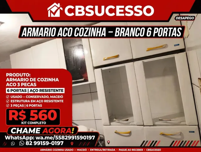 Armário Aço Cozinha Branco 6 Portas - 3 Peças - R$560 Kit - Maceió