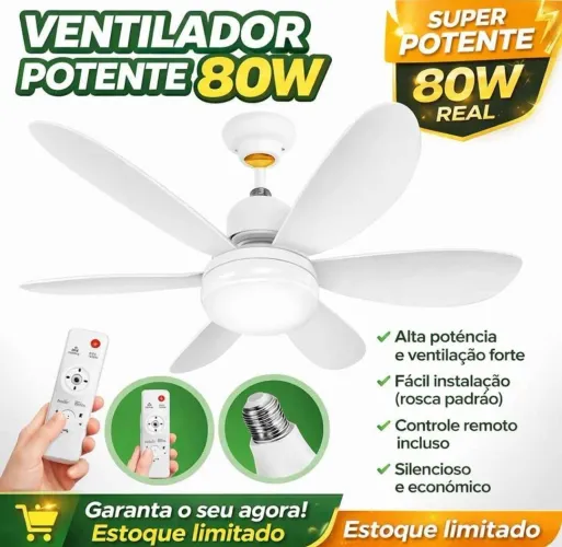 Ventilador de teto completo potente 80w com lâmpada e controle remoto fácil instalação 