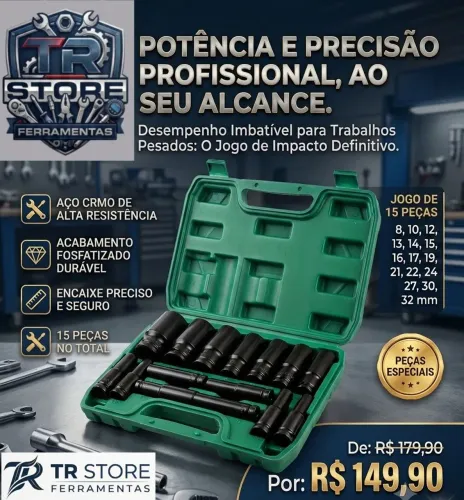 JOGO SOQUETES LONGO DE IMPACTO 15 PEÇAS