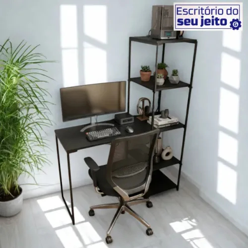 Mesa de Estudo Industrial NOVA Multiuso com Estante para Computador Notebook de Escritório