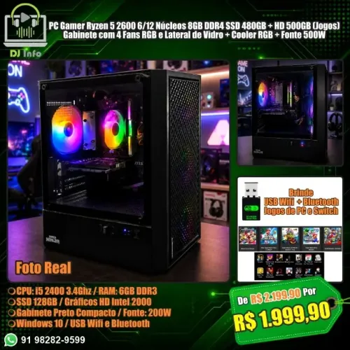 PC Gamer Ryzen 5 2600 6/12 8GB DDR4 + RX 550 4GB + SSD 480GB + HD 500GB (Jogos)