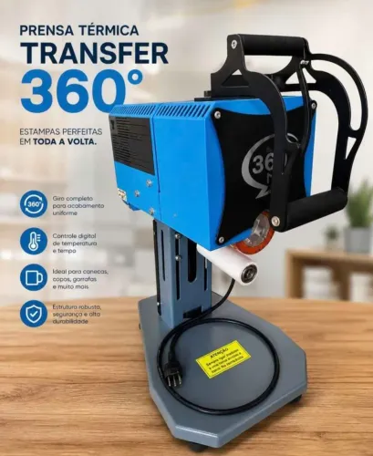 Título: Prensa Térmica Transfer 360° para Canecas, Copos e Garrafas