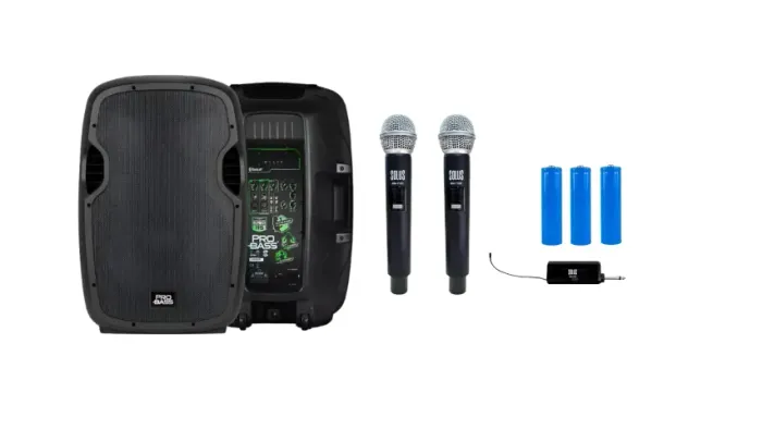 Kit Caixa Ativa Pro Bass Elevate 115 Bluetooth 800W + Microfone Sem Fio Duplo Solus MM-110