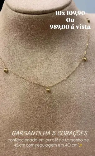 Cordão 5 corações ouro 18k