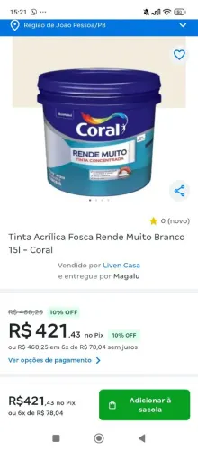 Tinta acrílica Coral. Branco neve 15 litros concentrada 
