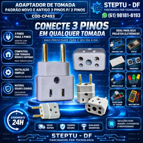 Adaptador De Tomada Padrão Novo E Antigo 3 Pinos P/ 2 Pinos Arduino Automação COD-CP493
