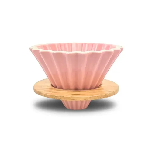 Porta Filtro Estilo Origami Dripper Cerâmica 02  com Base de Madeira