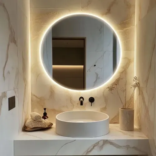 Espelho Redondo Com LED Branco Quente Grande 60x60 cm + Suporte Instalação