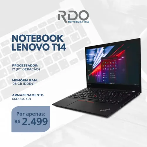 Notebook Lenovo ThinkPad T14 i7 10ª Geração 8GB 240GB SSD - Desempenho e qualidade!