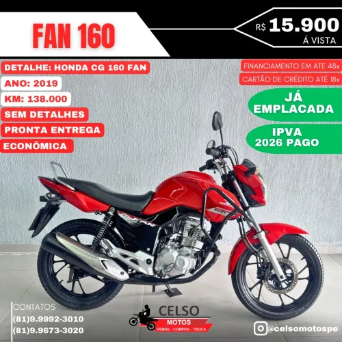 FAN 160 2019 c/138.000km IPVA26 PAGO FINANCIO 48x ACEITO SUA MOTO